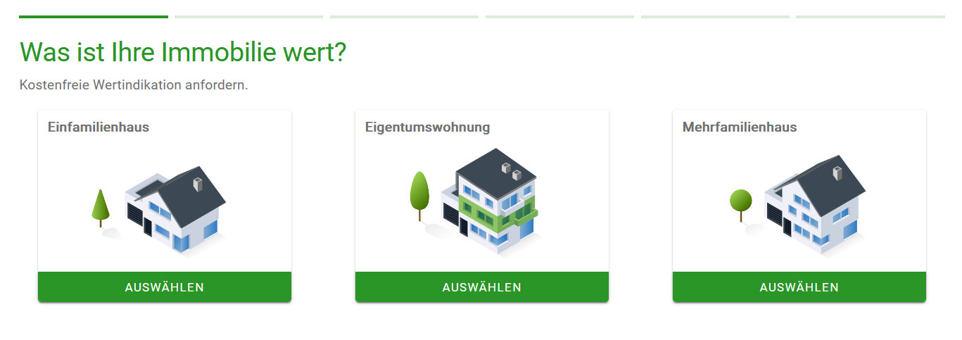 Ansciht des immobilienbewerters der HIC GmbH. Drei Felder mit Icons: Einfamilienhaus, Eigentumswohnung, Mehrfamilienhaus