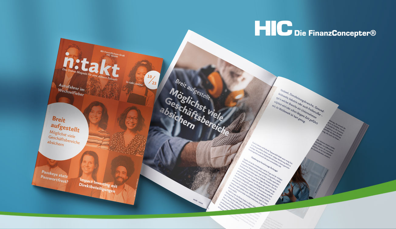 Titelblatt und eine aufgeschlagene Seite des Magazins in:takt der HIC GmbH.