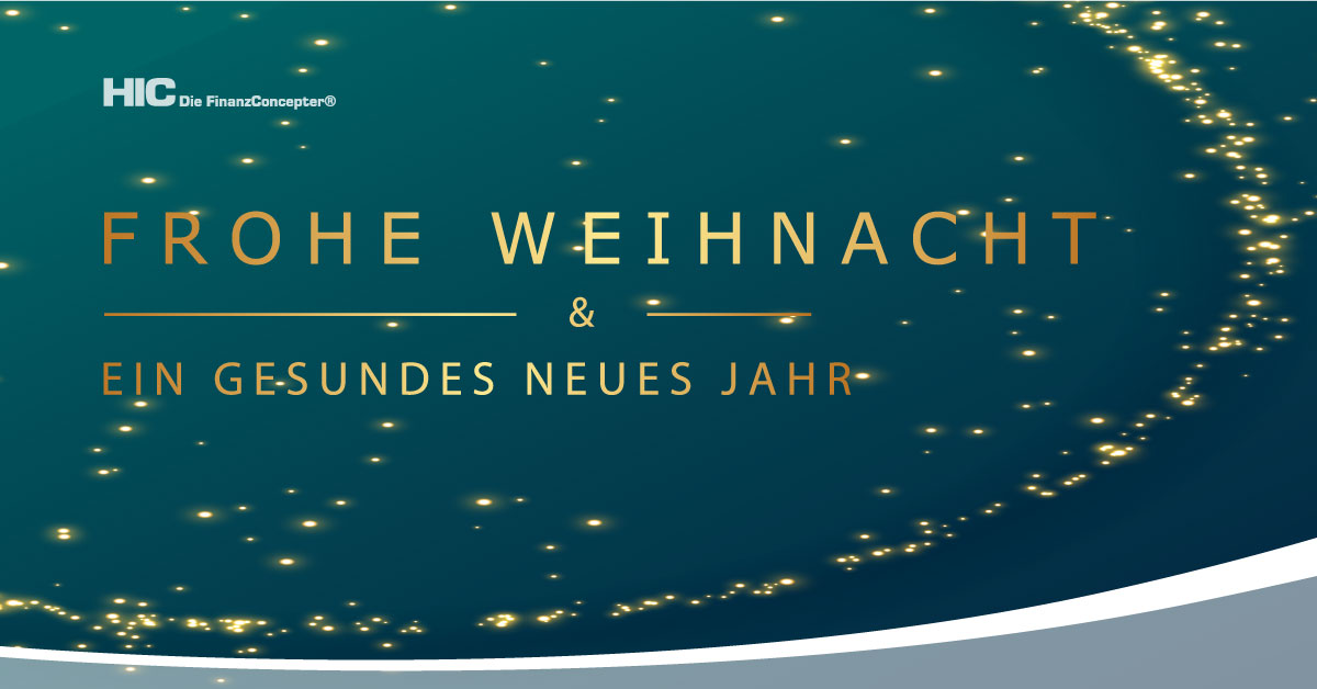 goldener Gitterbogen auf grünem Grund und Text: "Frohe Weihnacht und ein gesundes neue Jahr"