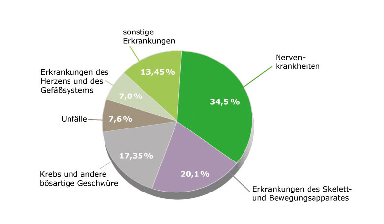 Ein Kreisdiagramm, das die Verteilung der Gründe für Berufsunfähigkeit darstellt