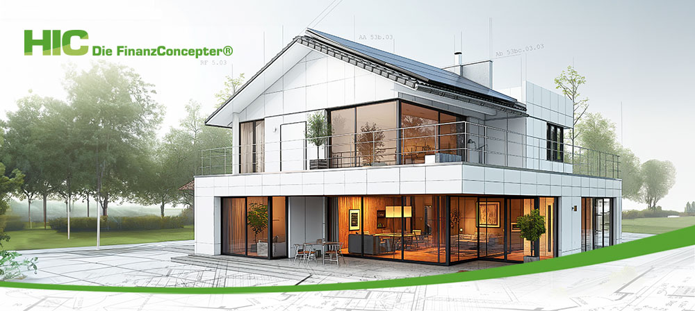 das realistisch wirkende Modell eines Einfamilienneubaus steht auf einer Architekturzeichnung