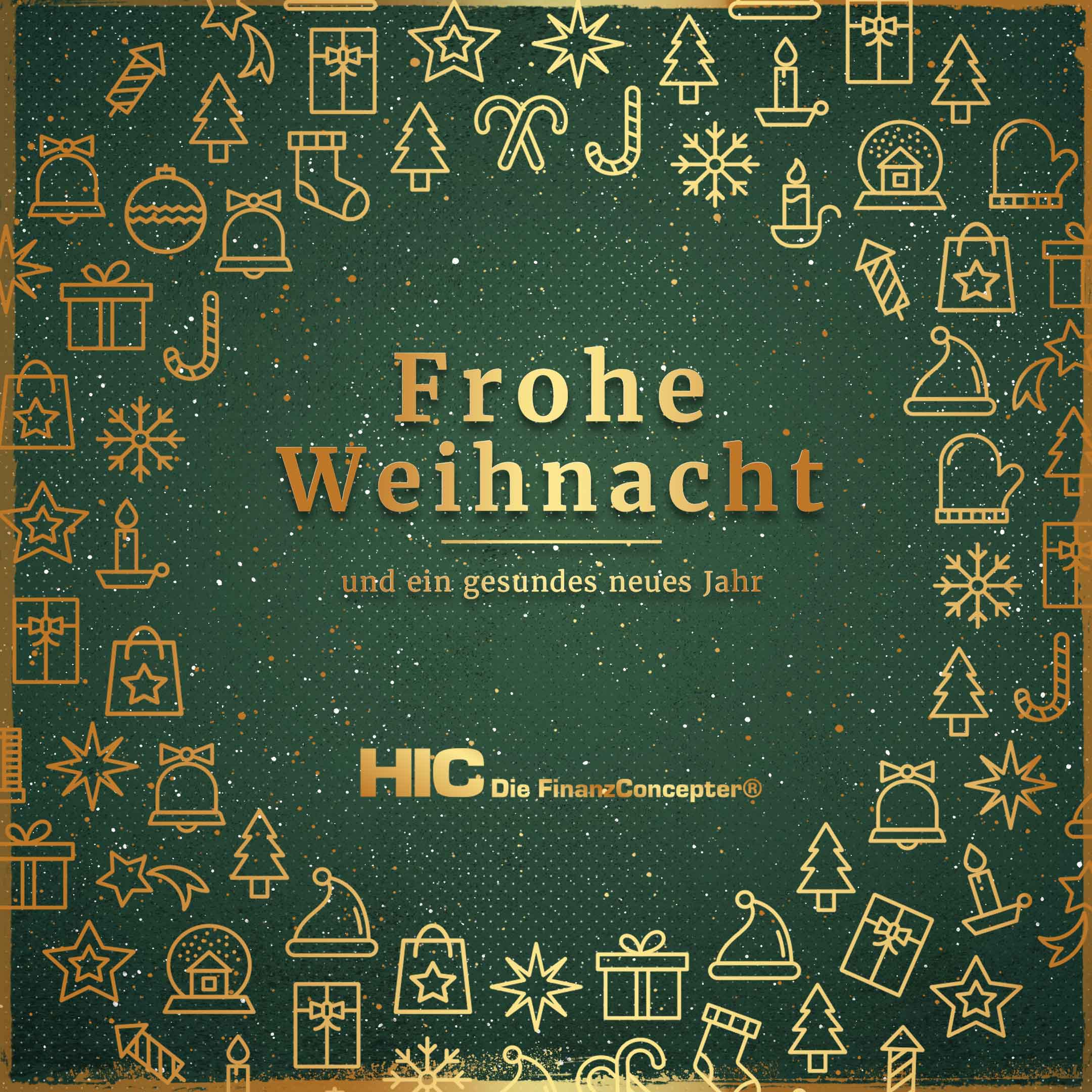ein goldener Kranz aus weihnachtlichen Symbolen vor grünem Hintergrund mit der Aufschrift "Frohe Weihnacht und ein gesundes neues Jahr"