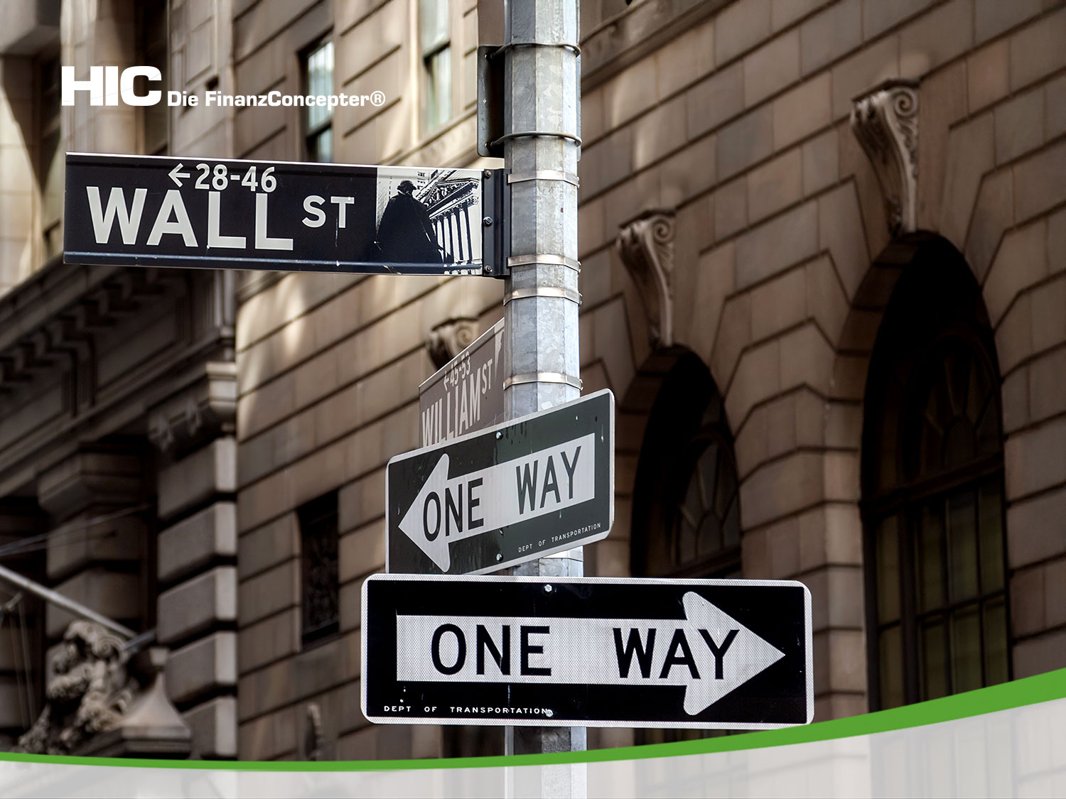 Ein Straßenschild mit der Aufschrift "Wall Street" und zwei "One Way" Schilder an einem Mast vor einem Steingebäude.