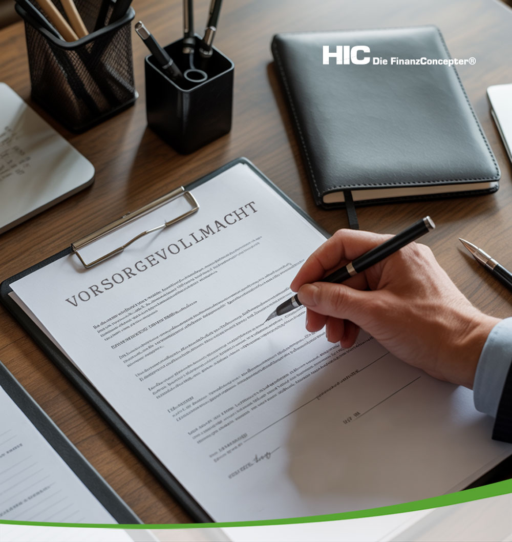 Blick auf einen Schreibtisch. Eine Person mit Stift in der Hand unterschreibt gerade eine Vorsorgevollmacht.