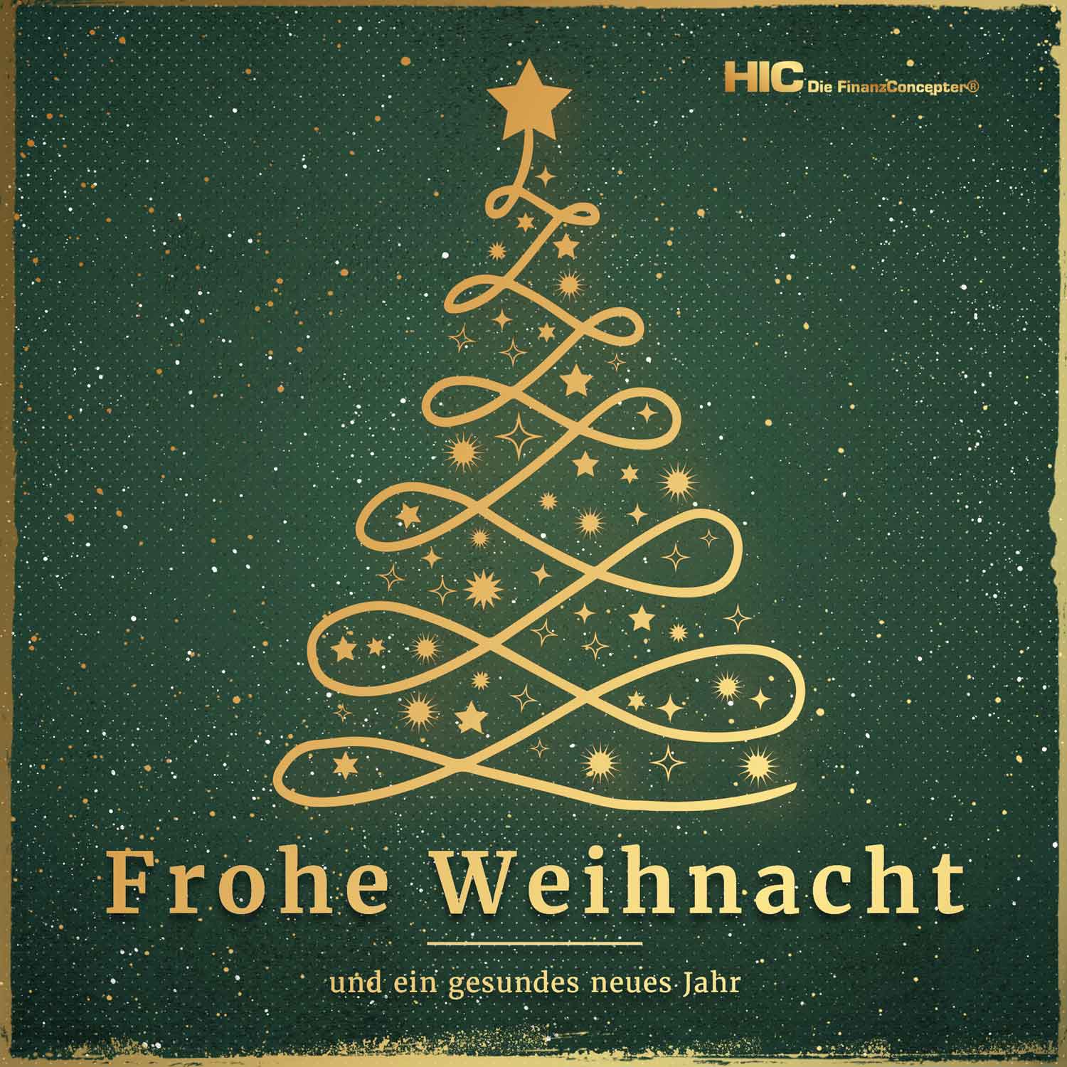 ein goldener Weihnachtsbaum aus weihnachtlichen Symbolen vor grünem Hintergrund mit der Aufschrift "Frohe Weihnacht und ein gesundes neues Jahr")