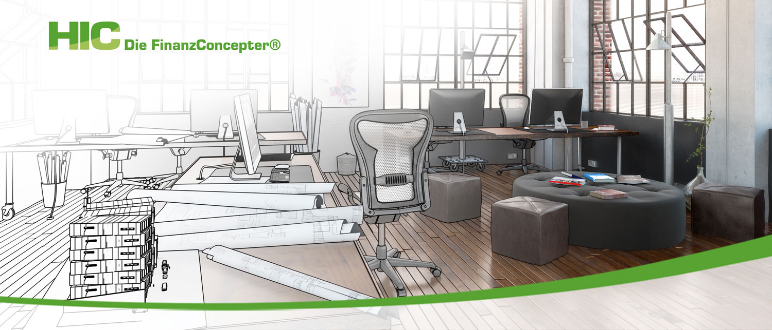 Postindustrielles Bürodesign im Wandel. Bild zeigt Zeichnung im Übergang zur Realität