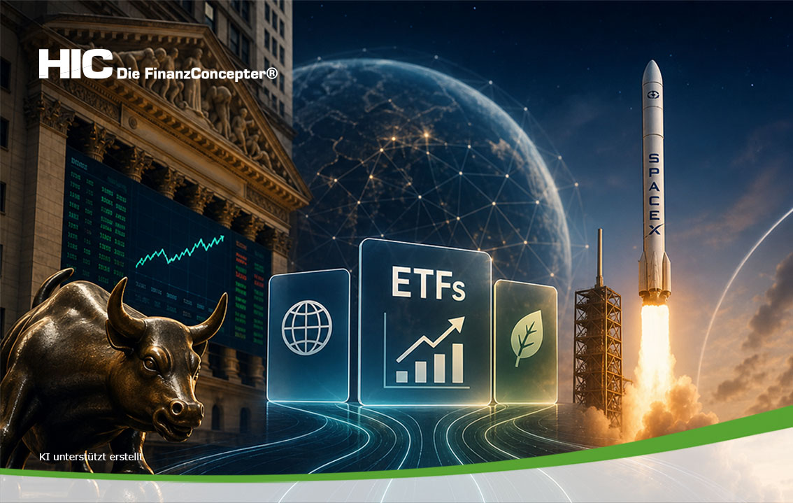 Eine Collage zum Thema Finanzen und ETFs mit einer Börsen-Bulle-Statue, einem Kurs-Chart an einem klassischen Gebäude und einer startenden SpaceX-Rakete.