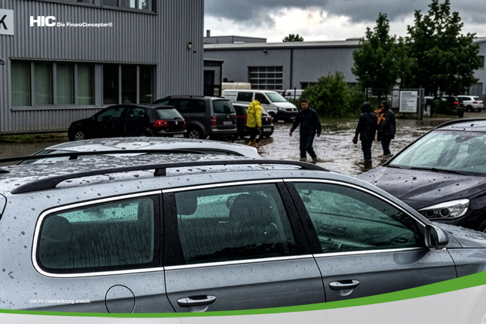 Blick über einen wasserüberspülten Firmenparkplatz auf dem Fahrzeuge stehen, die stark von Hagel beschädigt wurden. Menschen waten durch die Überflutung.